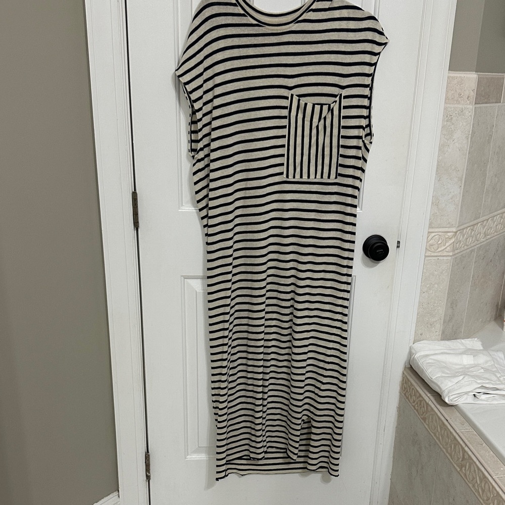 Apiece Apart Navy and Cream Striped Midi Dress